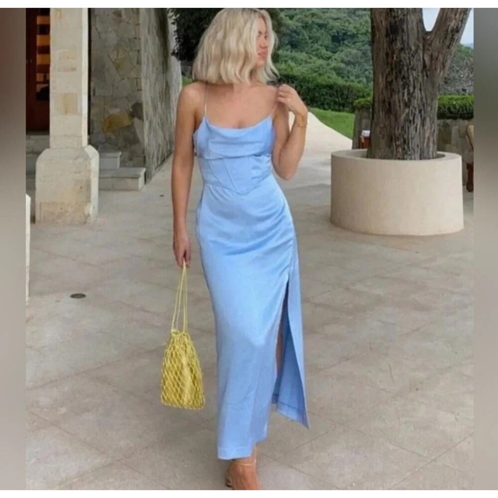 ZARA Satin Corset Style Top Sleeveless Maxi Slip Dress with Slit Sky Blue Medium
